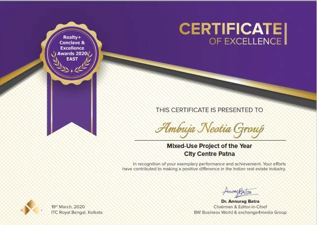 Realty Plus Conclave & Excellence Awards 2020 – Best Mixed-Use Project of the Year to City Centre Patna