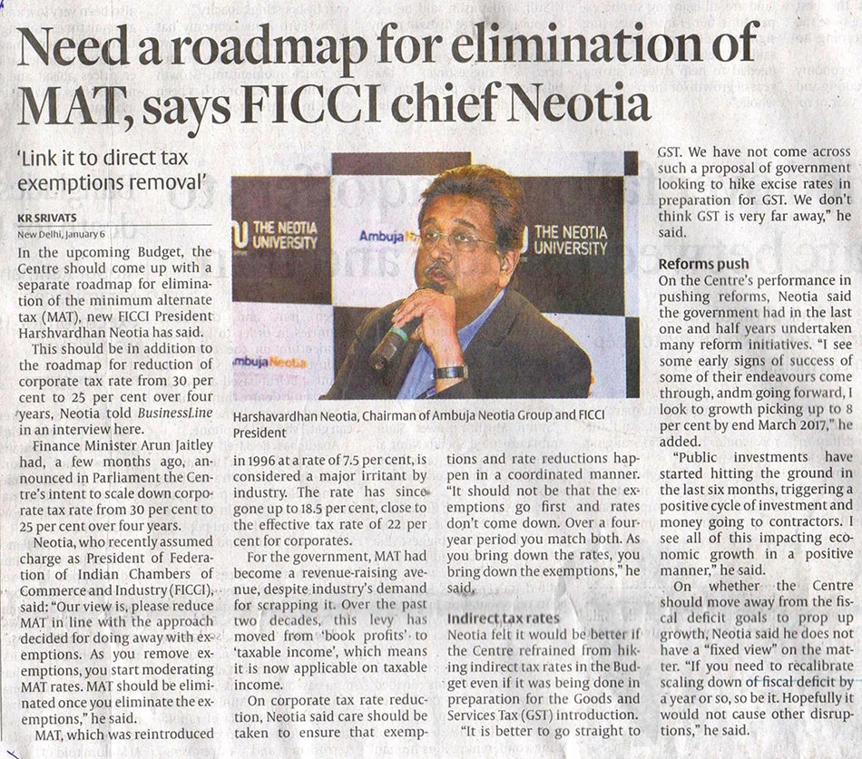 Need a roadmap for elimination of MAT, says FICCI chief Neotia