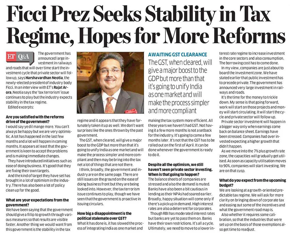 Ficci Prez Seeks Stability in Tax Regime, Hopes for More Reforms
