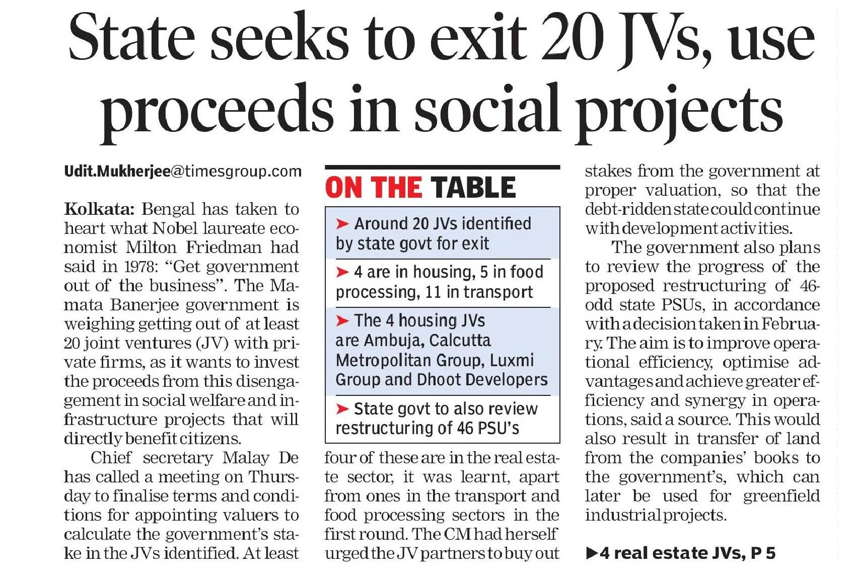 State seeks to exit 20 JVs, use proceeds in social projects