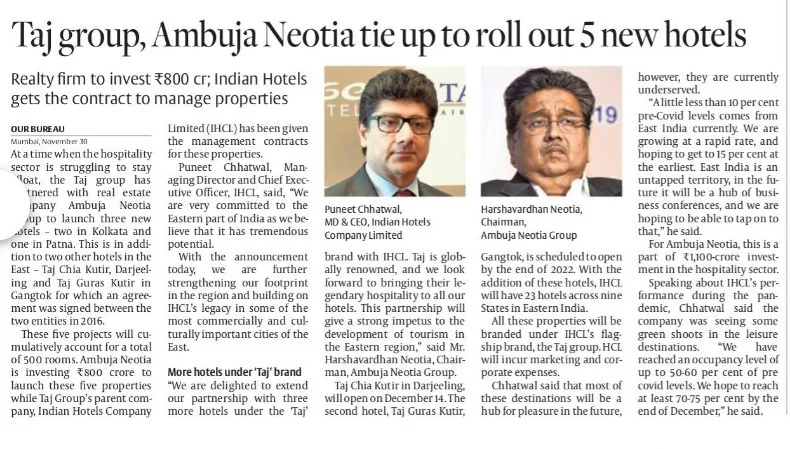 Taj Group, Ambuja Neotia tie-up to roll out five new hotels – The Hindu Business Line