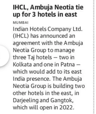 IHCL, Ambuja Neotia tie – up for three hotels in East – The Hindu
