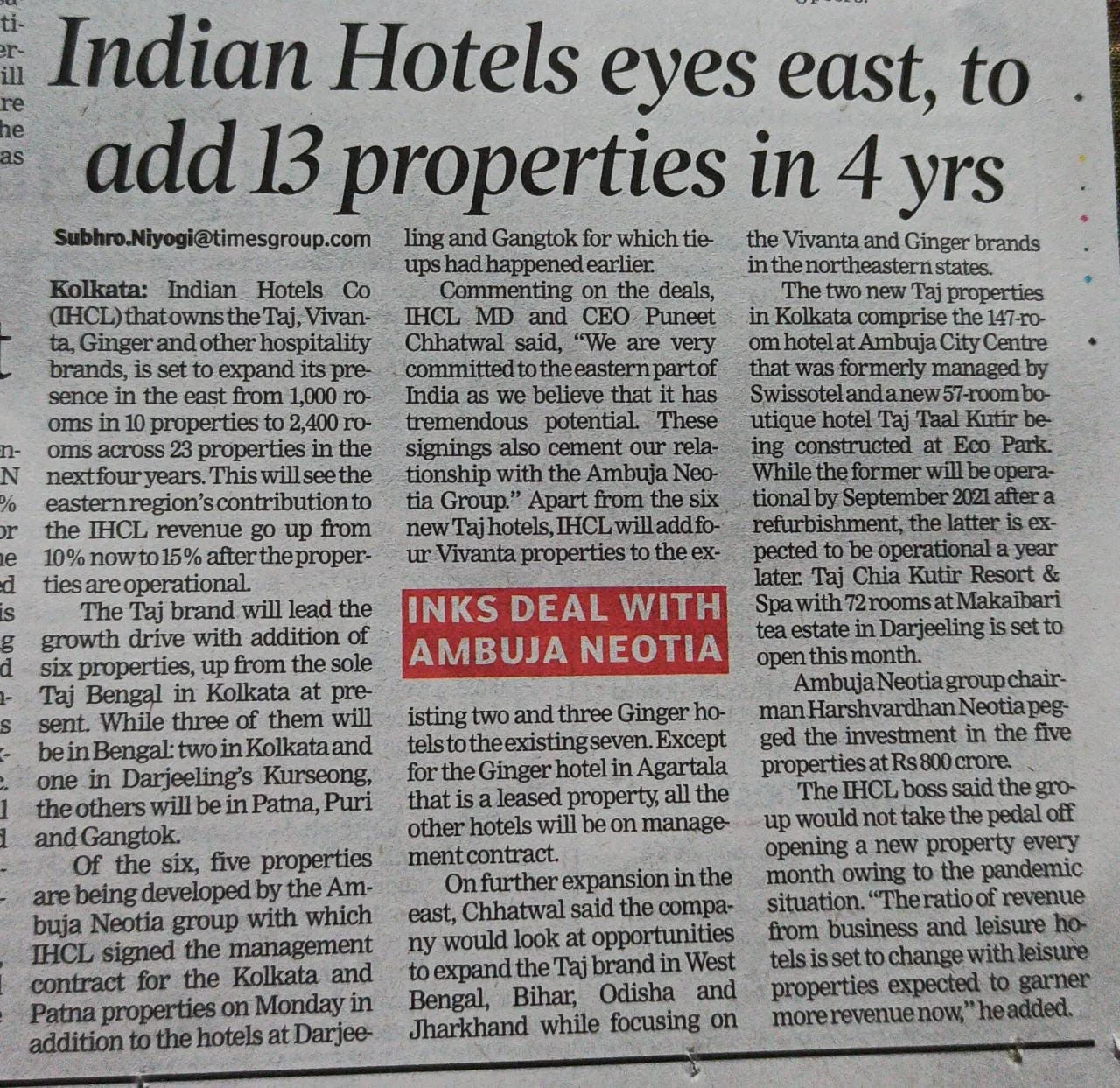 Indian Hotels eyes east, to add 13 properties in 4 years – The Times of India