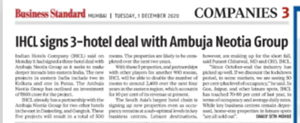 IHCL signs three hotel deal with Ambuja Neotia Group – Business Standard