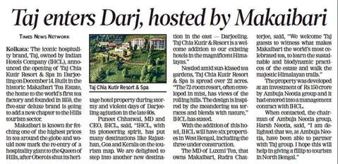 Taj enters Darj, hosted by Makaibari – The Times of India