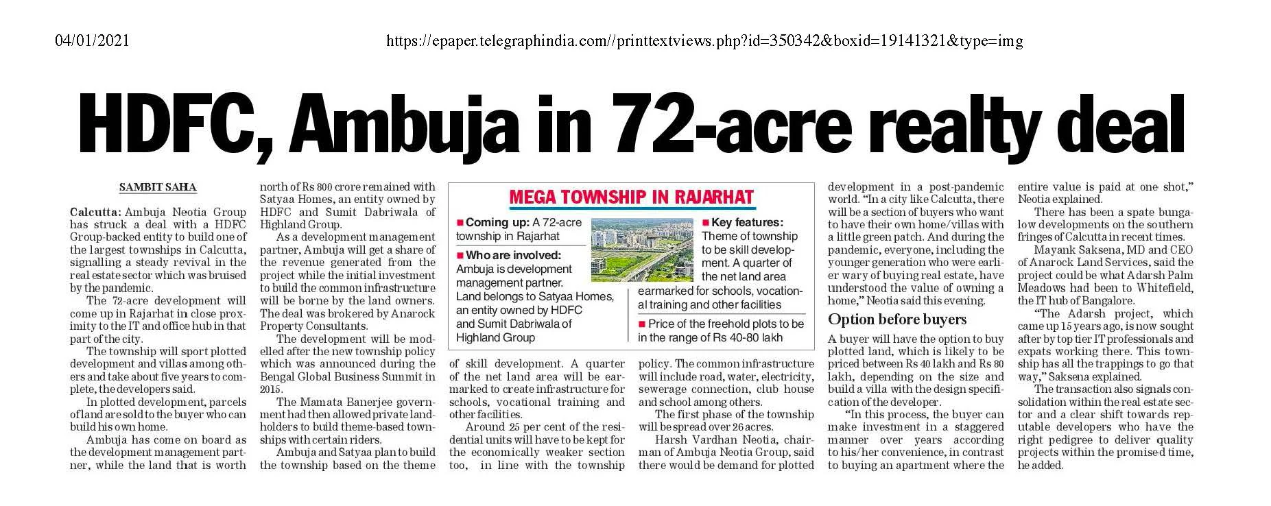 HDFC, Ambuja in 72 -Acres Realty Deal – The Telegraph