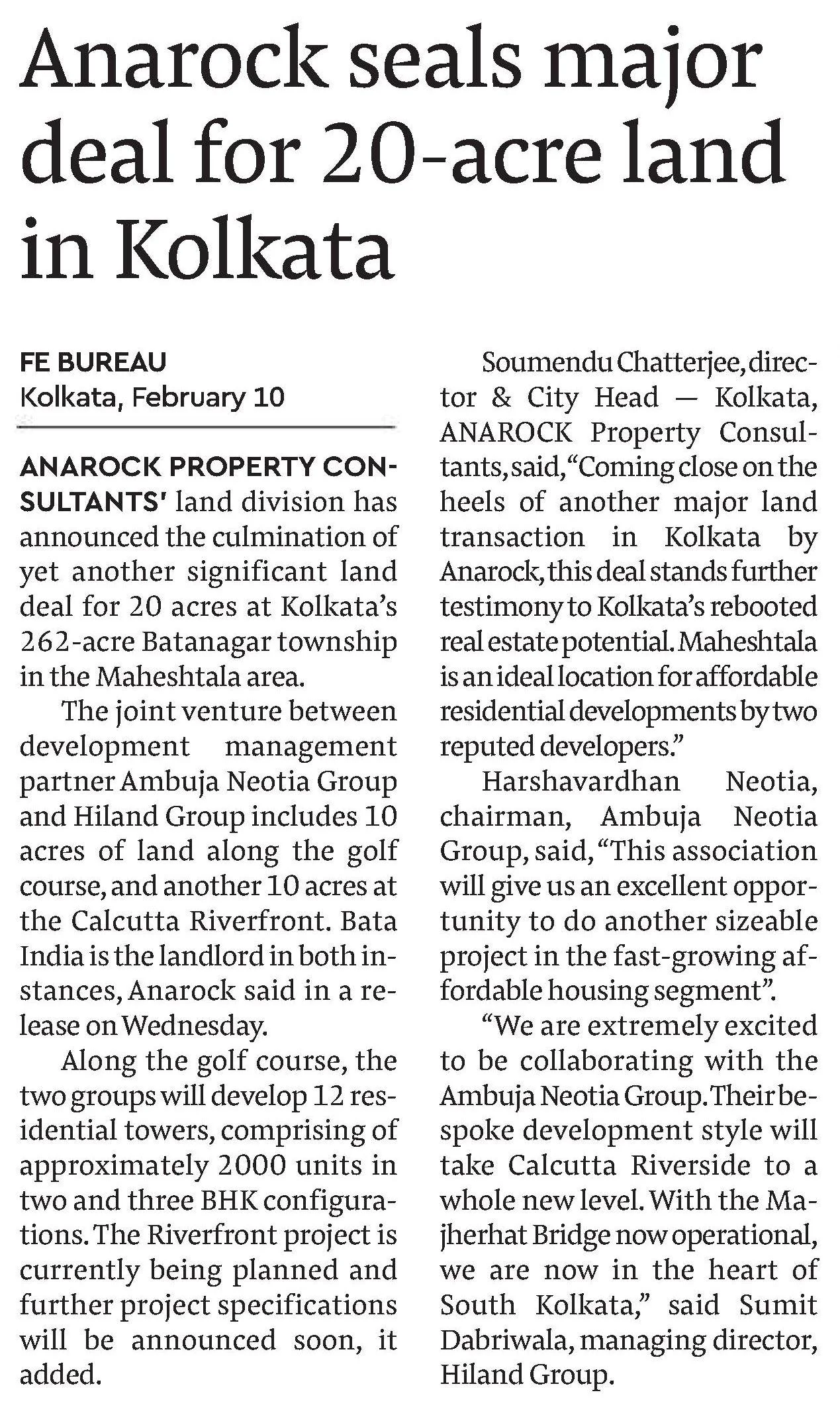 Anarock Seals Major deal for 20-Acre Land in Kolkata