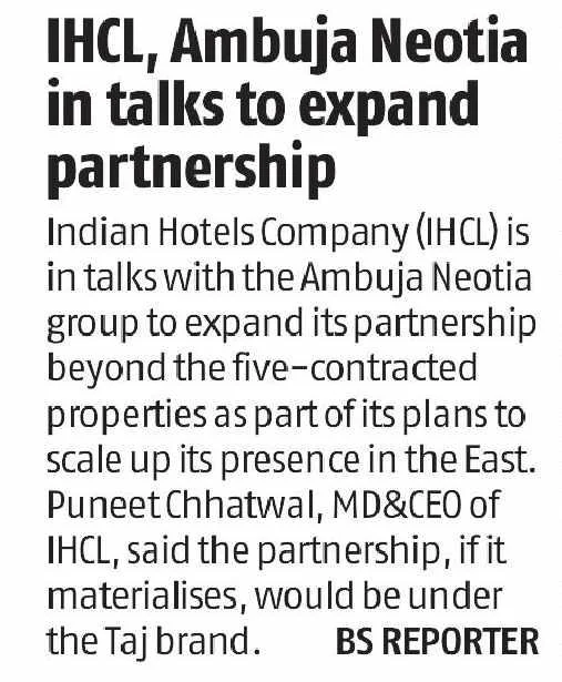 IHCL, Ambuja Neotia in talks to expand partnership – Business Standard