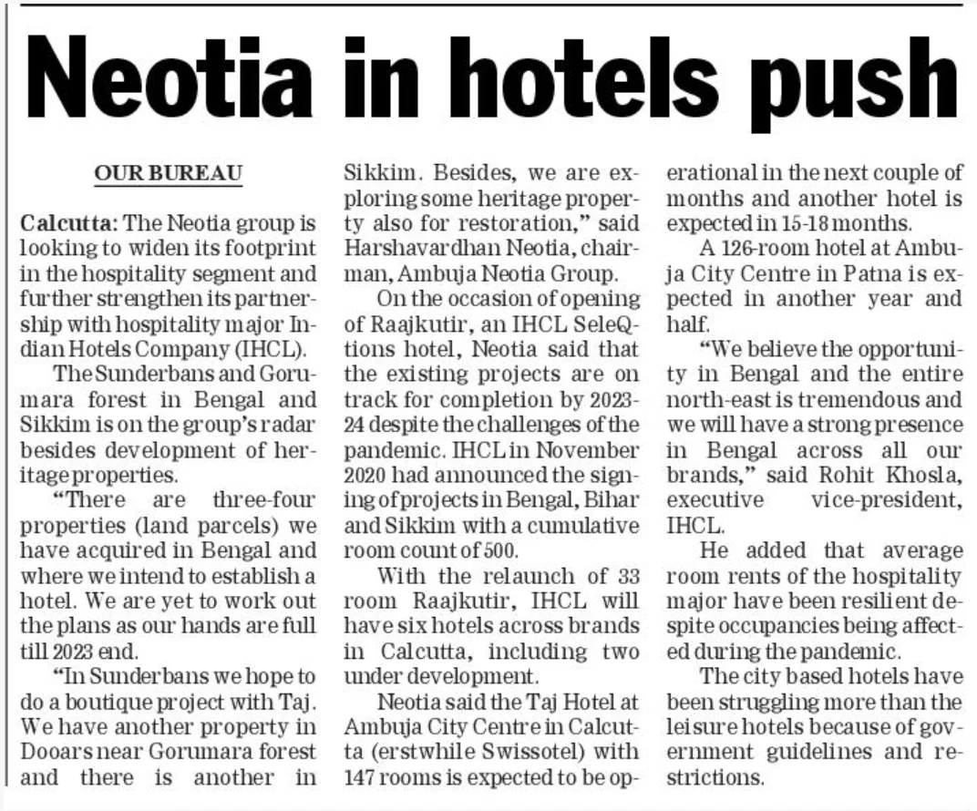 Neotia in hotels push – The Telegraph