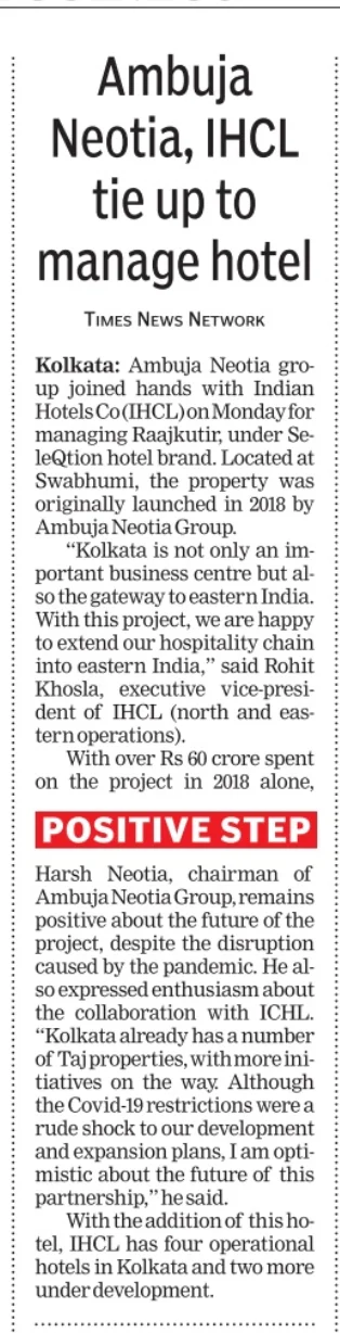 Ambuja Neotia. IHCL tie up to manage hotel – TOI