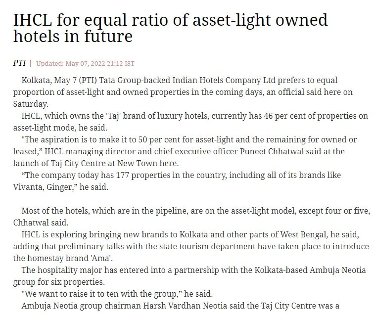 IHCL for equal ratio of asset-light owned hotels in future