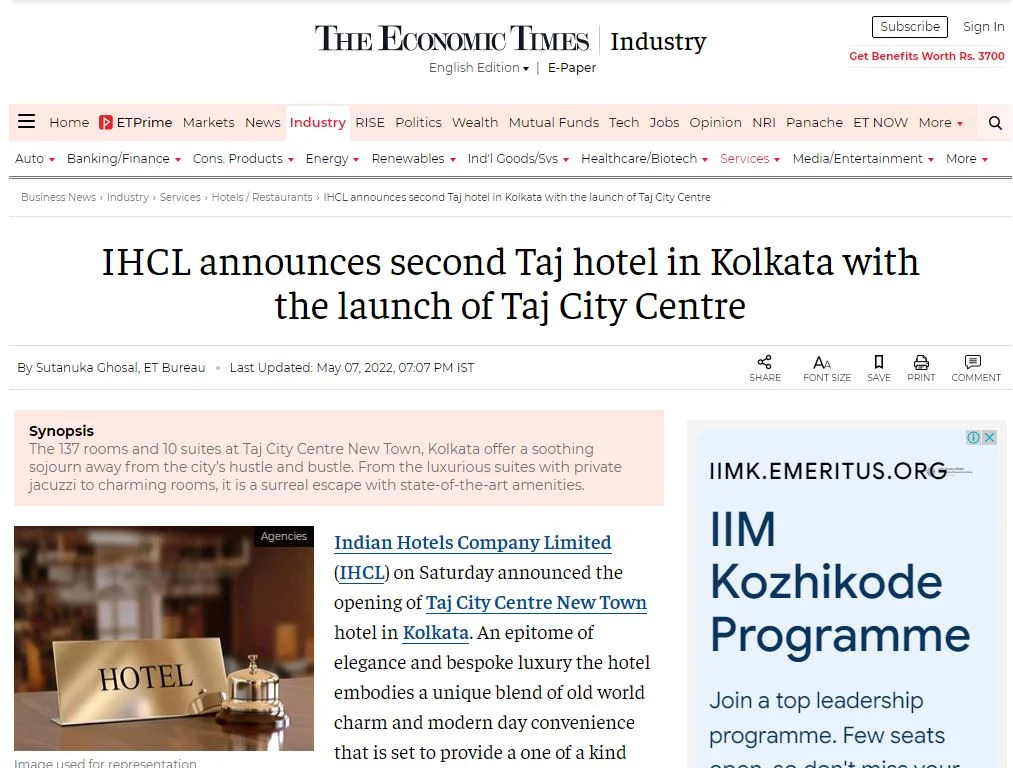 IHCL announces second Taj hotel in Kolkata with the launch of Taj City Centre