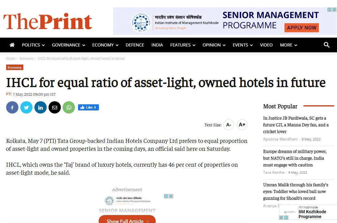 IHCL for equal ratio of asset-light, owned hotels in future