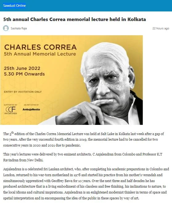 5th annual Charles Correa memorial lecture held in Kolkata ~ Sawdust Online