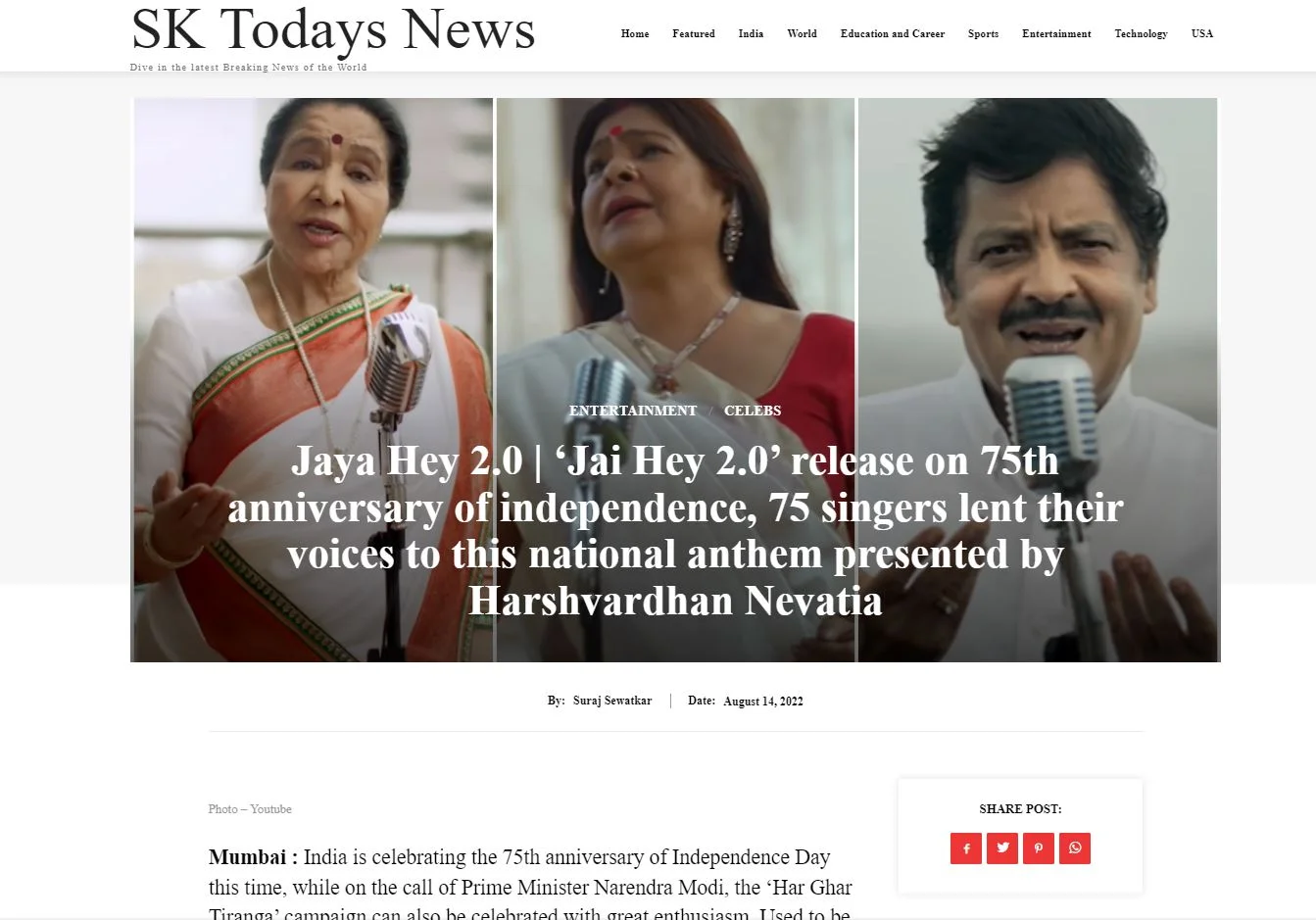 Jaya Hey 2.0 | ‘Jai Hey 2.0’ release on 75th anniversary of independence, 75 singers lent their voices to this national anthem presented by Harshvardhan Nevatia ~Sky Today News