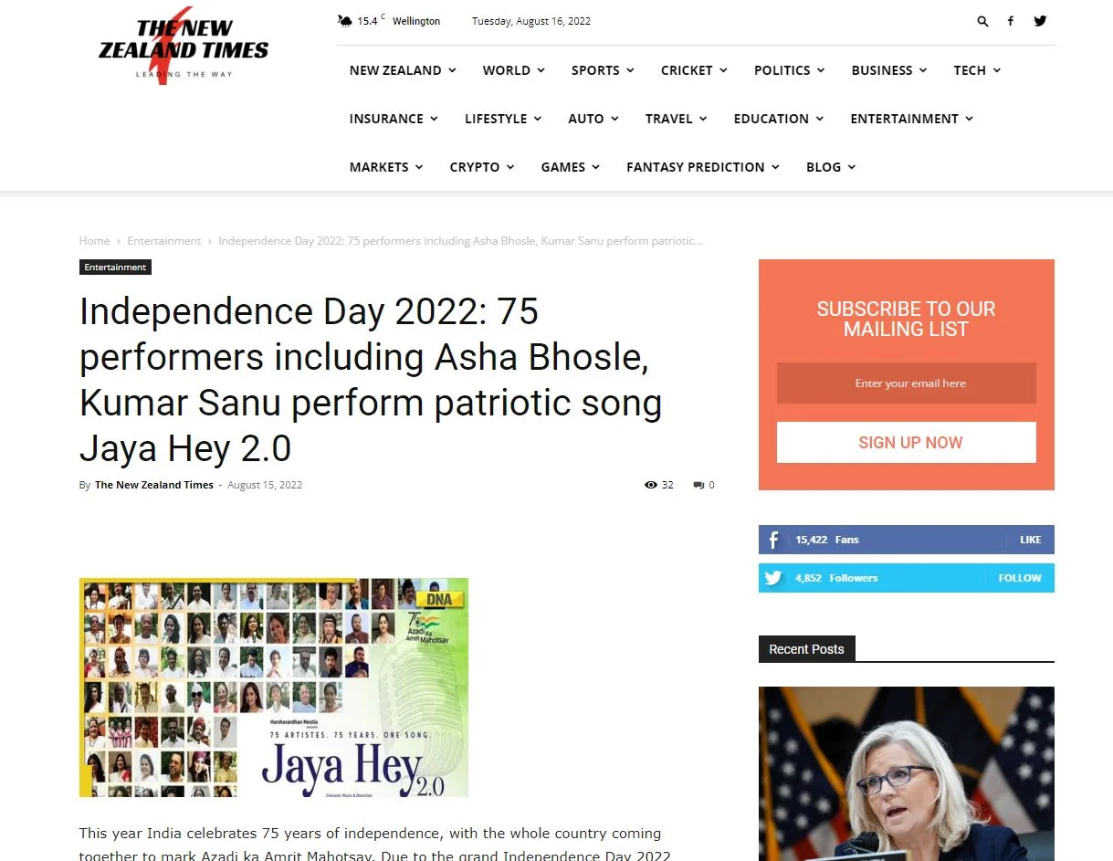 Independence Day 2022: 75 performers including Asha Bhosle, Kumar Sanu perform patriotic song Jaya Hey 2.0 ~ The New Zealand Times