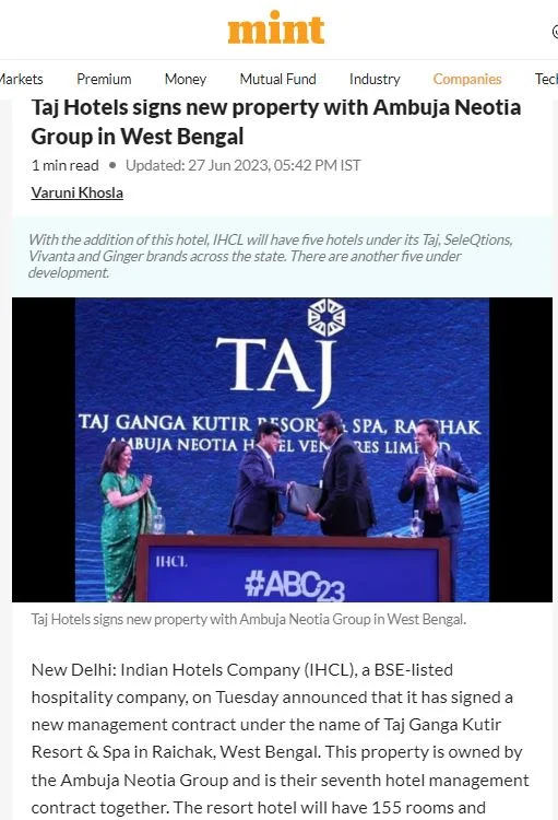 Taj Hotels signs new property with Ambuja Neotia Group in West Bengal ~ Mint