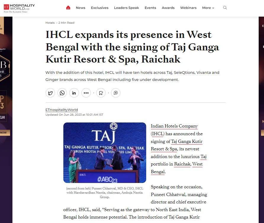 IHCL expands its presence in West Bengal with the signing of Taj Ganga Kutir Ressort & Spa, Raichak ~ET