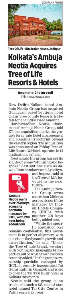 Kolkata’s Ambuja Neotia Acquires Tree of Life Resorts and Hotels ~ ET