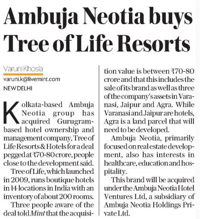 Ambuja Neotia Buys Tree of Life Resorts ~ The Mint