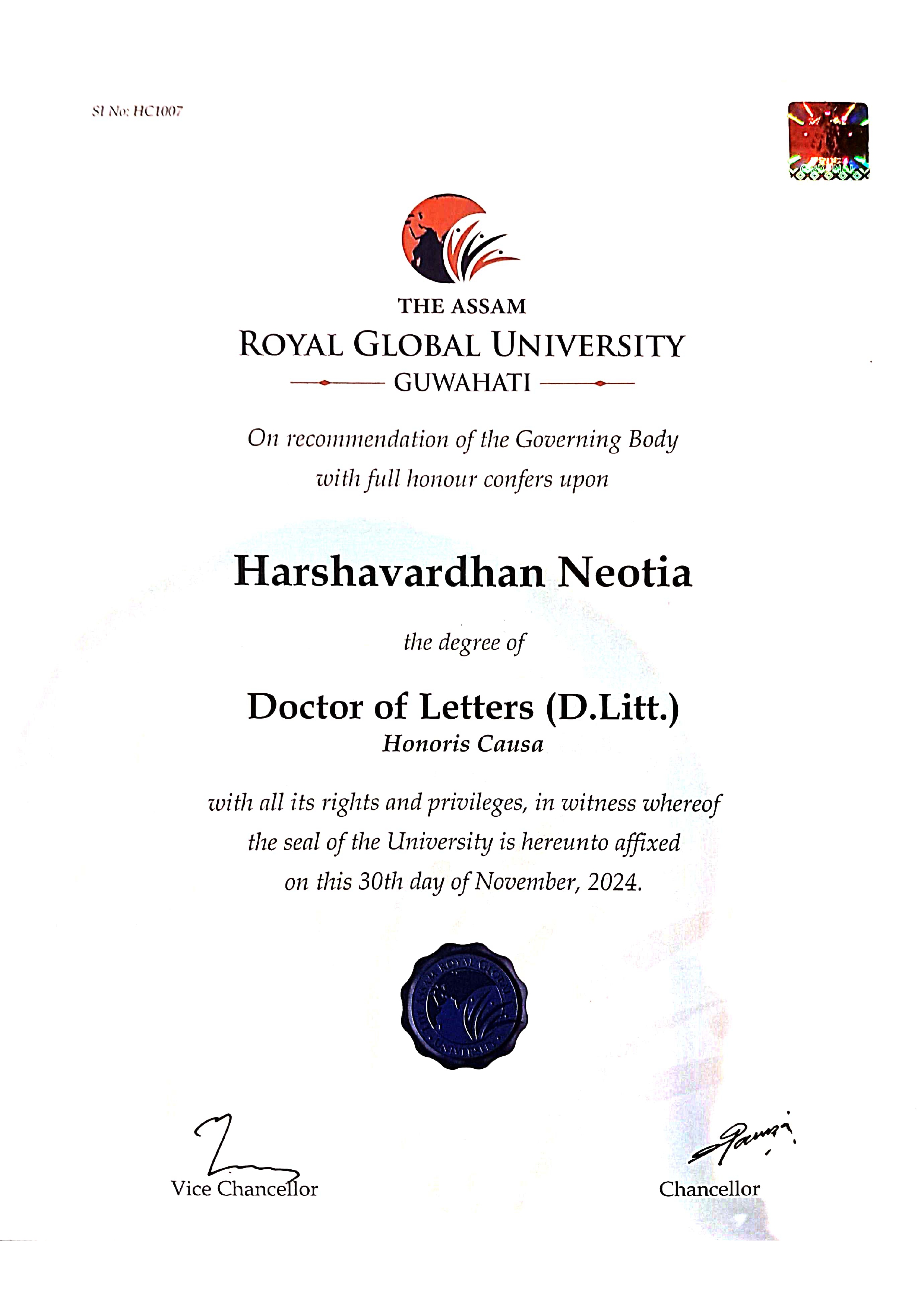 Doctor of Letters (D.Litt) from Royal Global University