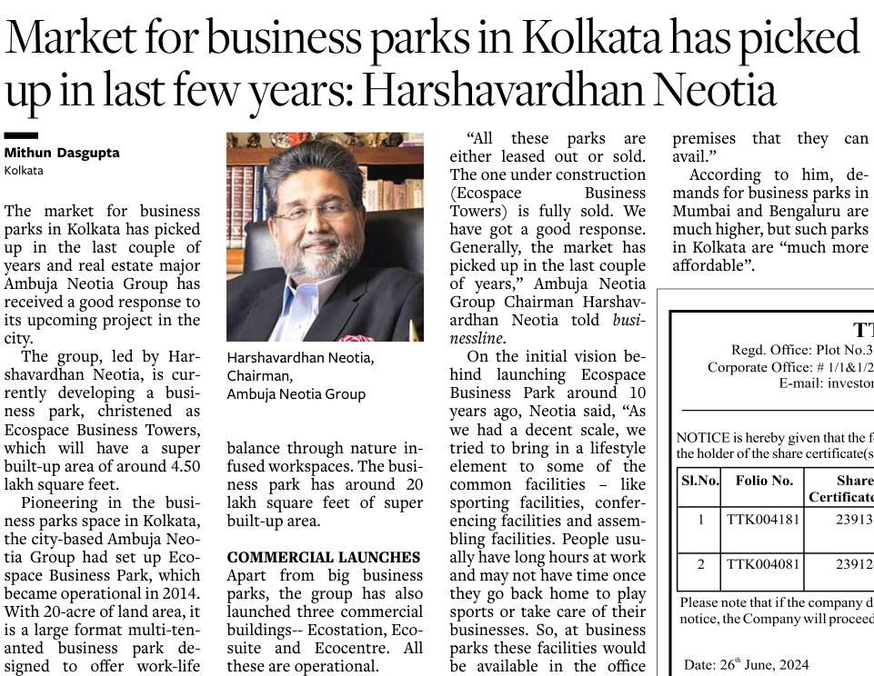 Market for Business Parks in Kolkata has Picked Up in Last Few Years : Harshavardhan Neotia ~ Hindu Business Line