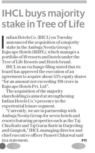 IHCL Buys Majority Stake in Tree of Life - Mint