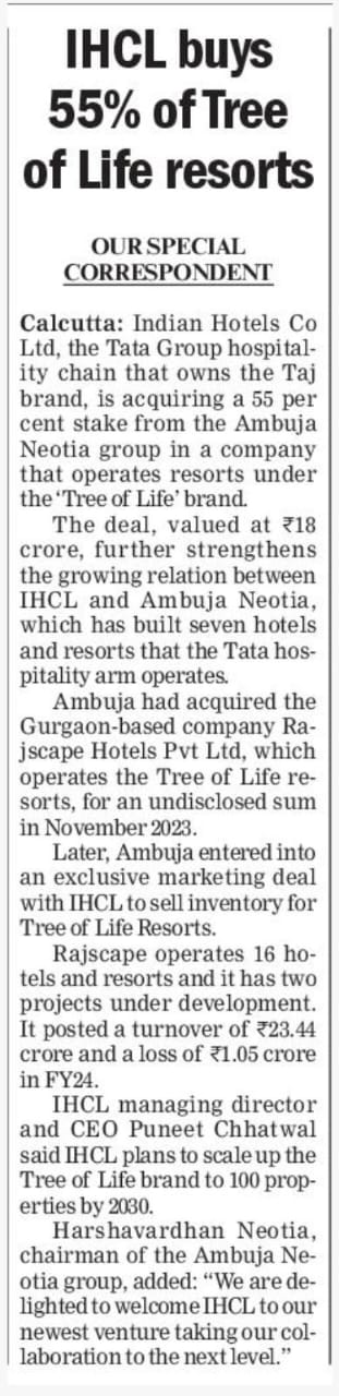 IHCL Buys 55% of Tree of Life Resorts - The Telegraph